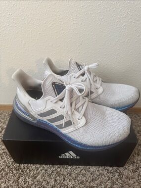 adidas NASA White Knit Running Shoes with Blue Accent